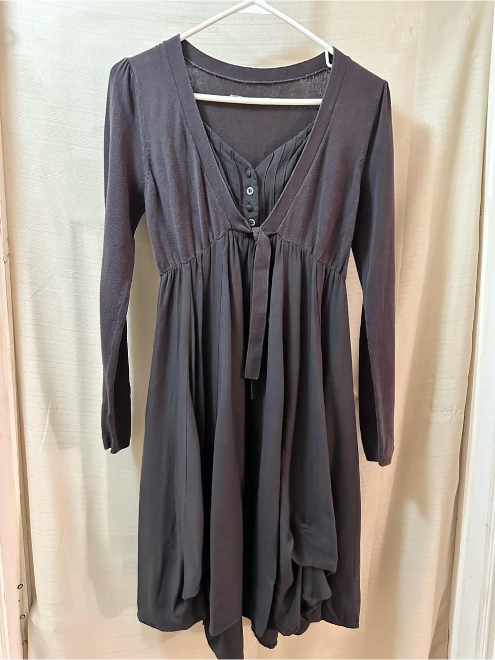 DDP Grey Empire Waist Tie Front Dress Long Sleeve Balloon Hem Mini Dress